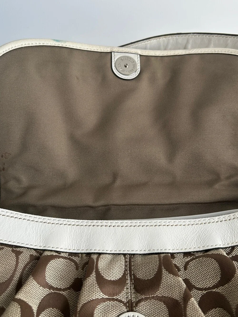 Coach Soho Signature Flap Shoulder Bag Khaki Canvas White Leather Trim